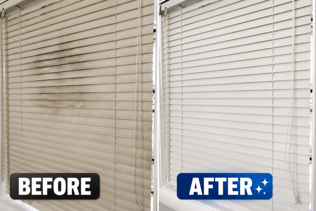 Side-by-side comparison of window blinds before and after cleaning: left dusty beige blinds, right clean white blinds.