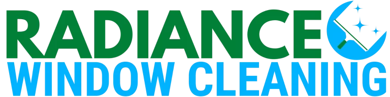 Radiance Window Cleaning logo with green 'RADIANCE' text above blue 'WINDOW CLEANING' and a blue crescent spark icon.
