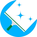 Abstract blue circular badge with a diagonal white stripe edged in green and several blue sparkle shapes; decorative logo emblem.