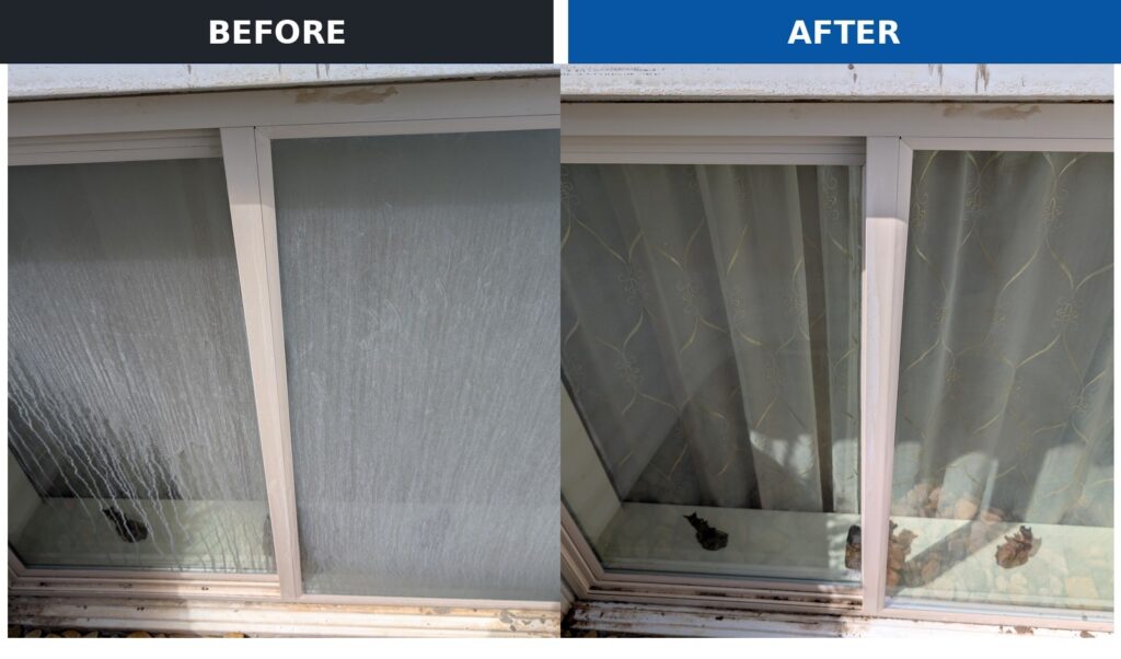Side-by-side image of a window: left pane is dirty with condensation and streaks, right pane is clean with sheer curtains before/after comparison.