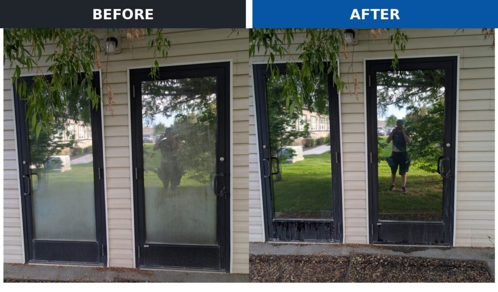 Before/after comparison of glass doors: left side filthy, foggy glass; right side clean glass reflecting the photographer and yard beyond.